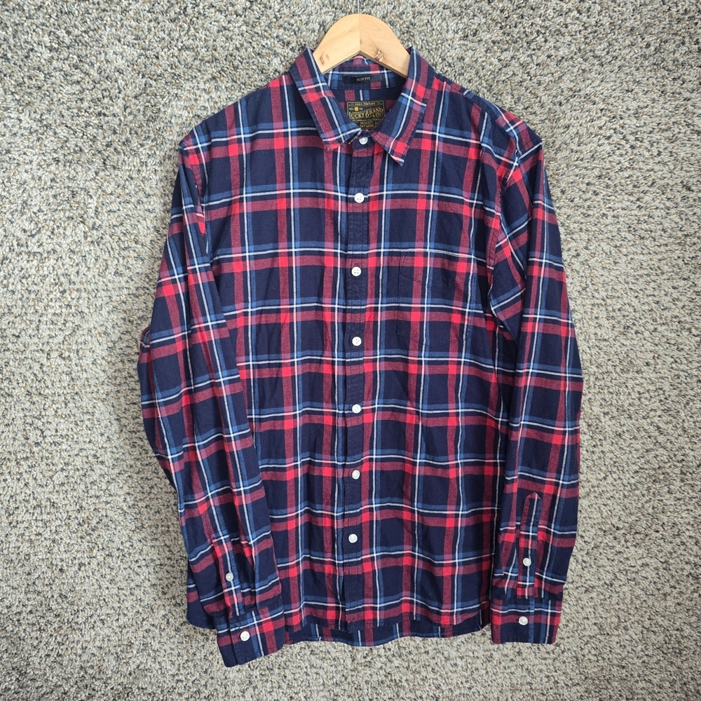 Lucky Brand Shirt‎ Mens Large Blue Plaid Button Up Slim Fit Long Sleeve Casual